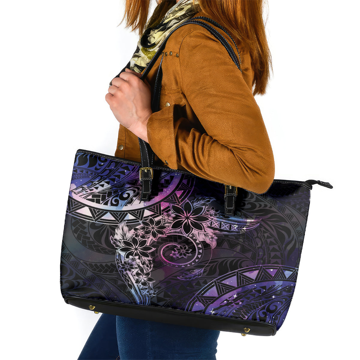 Polynesian Sunset Plumeria Leather Tote Bag Galaxy Polynesian Tattoo LT05 Galaxy - Polynesian Pride