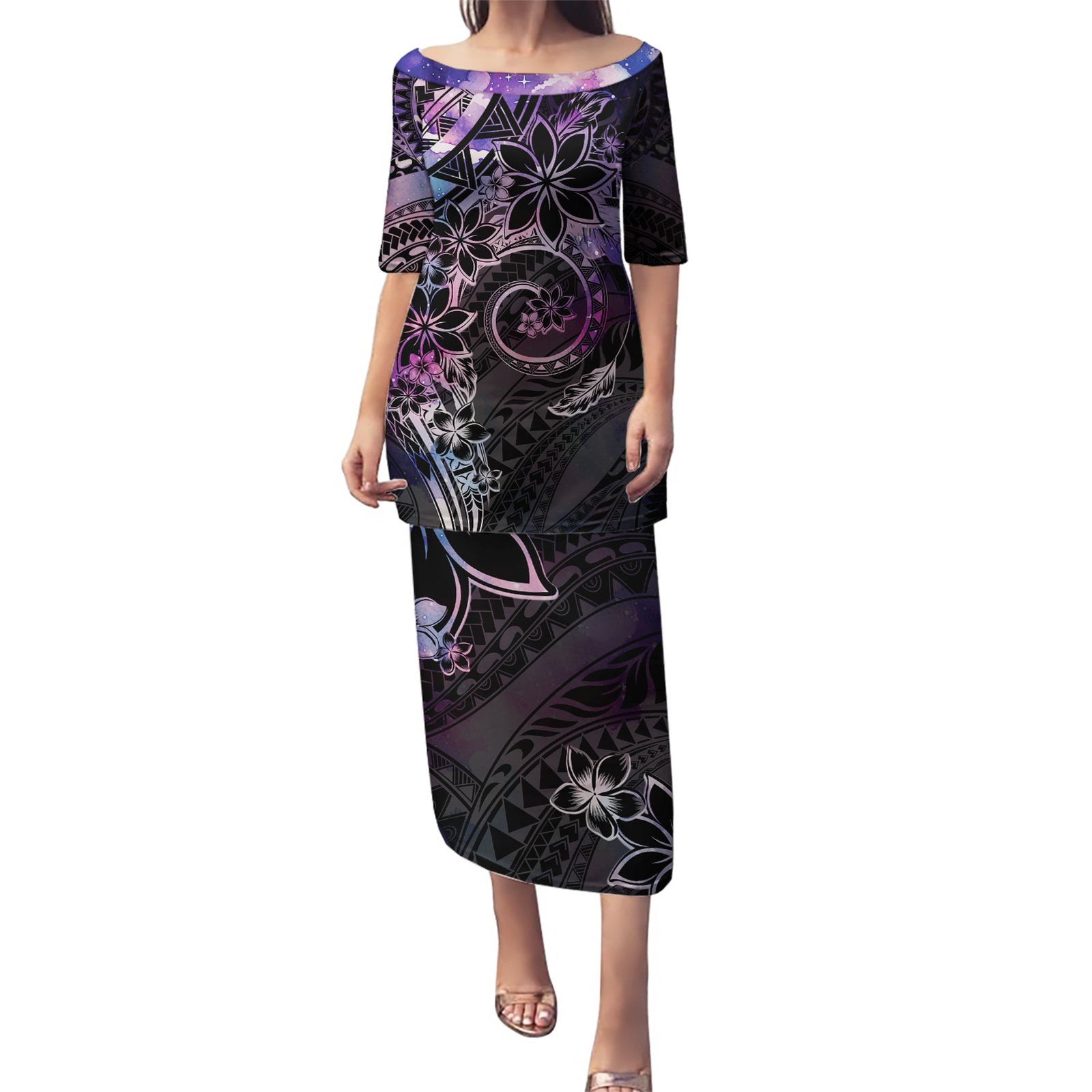 Polynesian Sunset Plumeria Puletasi Galaxy Polynesian Tattoo LT05 Long Dress Galaxy - Polynesian Pride