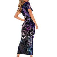 Polynesian Sunset Plumeria Short Sleeve Bodycon Dress Galaxy Polynesian Tattoo