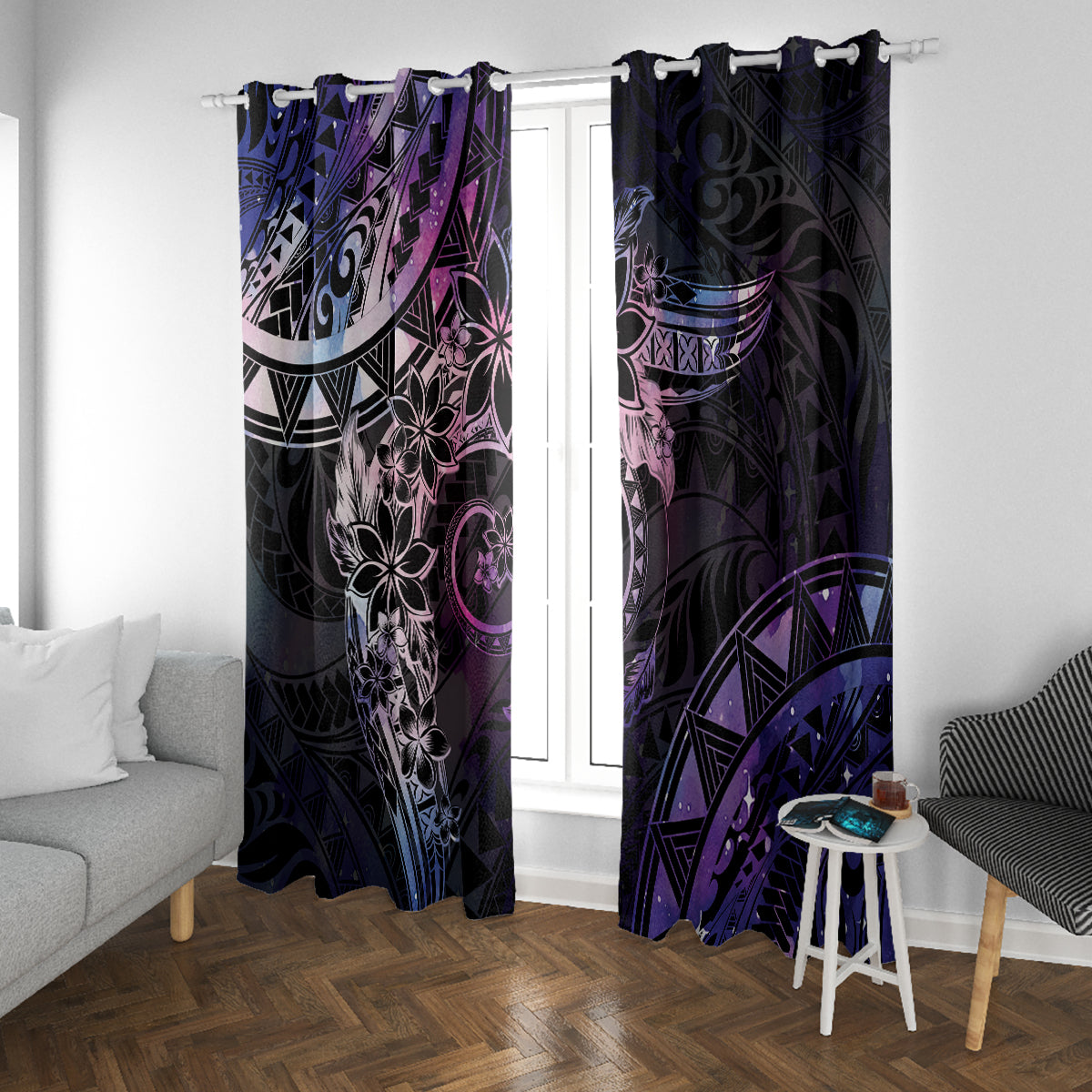Polynesian Sunset Plumeria Window Curtain Galaxy Polynesian Tattoo LT05 With Grommets Galaxy - Polynesian Pride