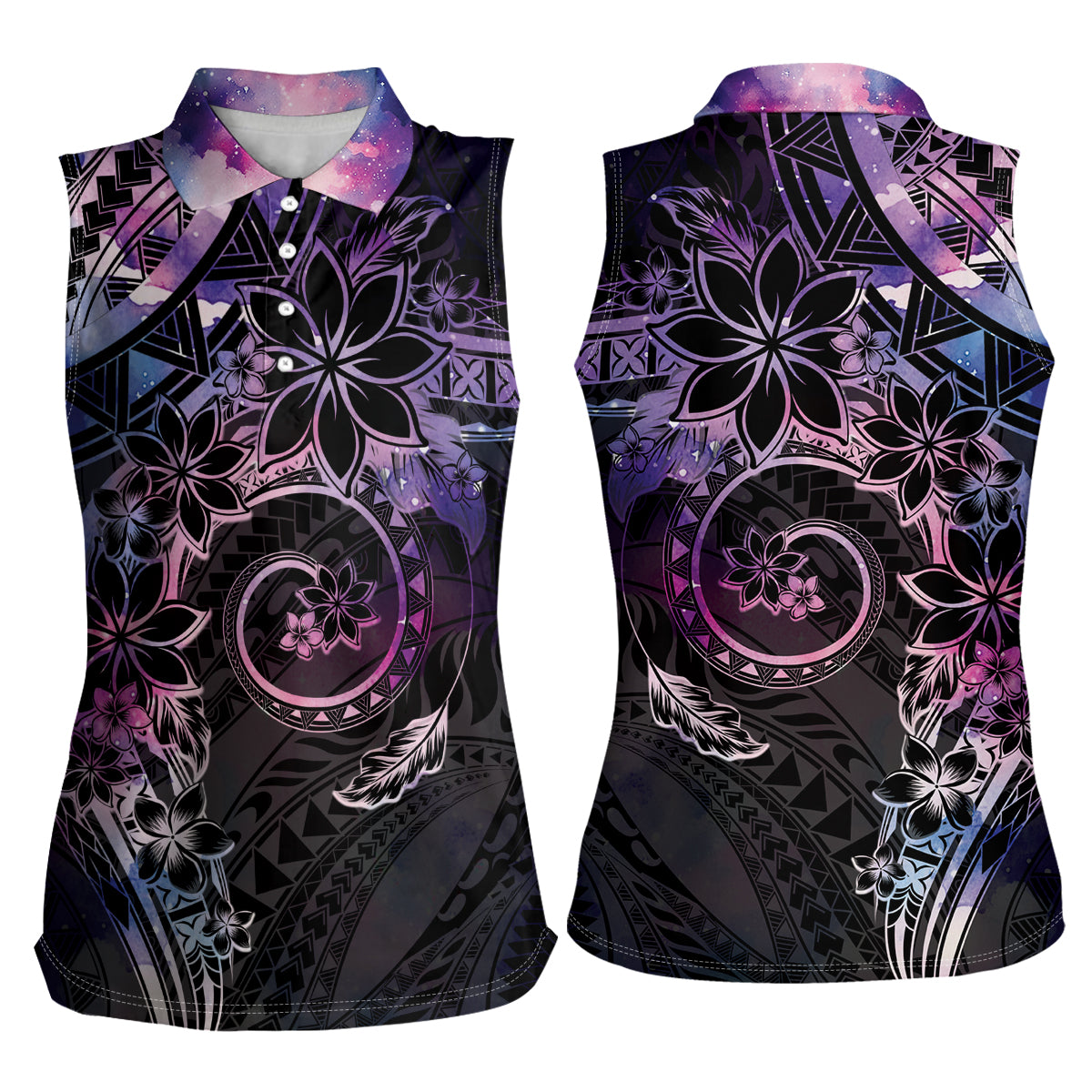 Polynesian Sunset Plumeria Women Sleeveless Polo Shirt Galaxy Polynesian Tattoo