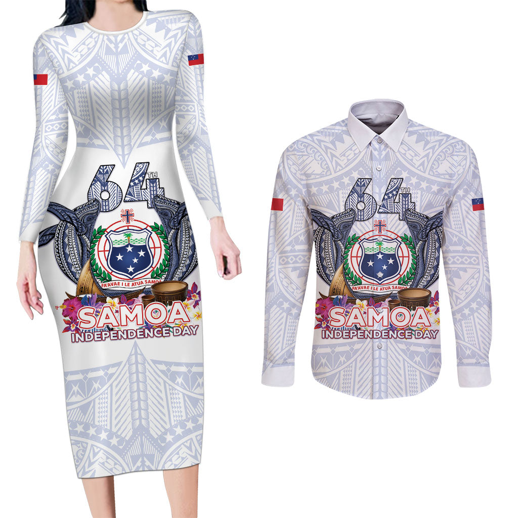 Samoa Independence Day Couples Matching Long Sleeve Bodycon Dress and Long Sleeve Button Shirt Samoa United For A New Beginning LT05 White - Polynesian Pride