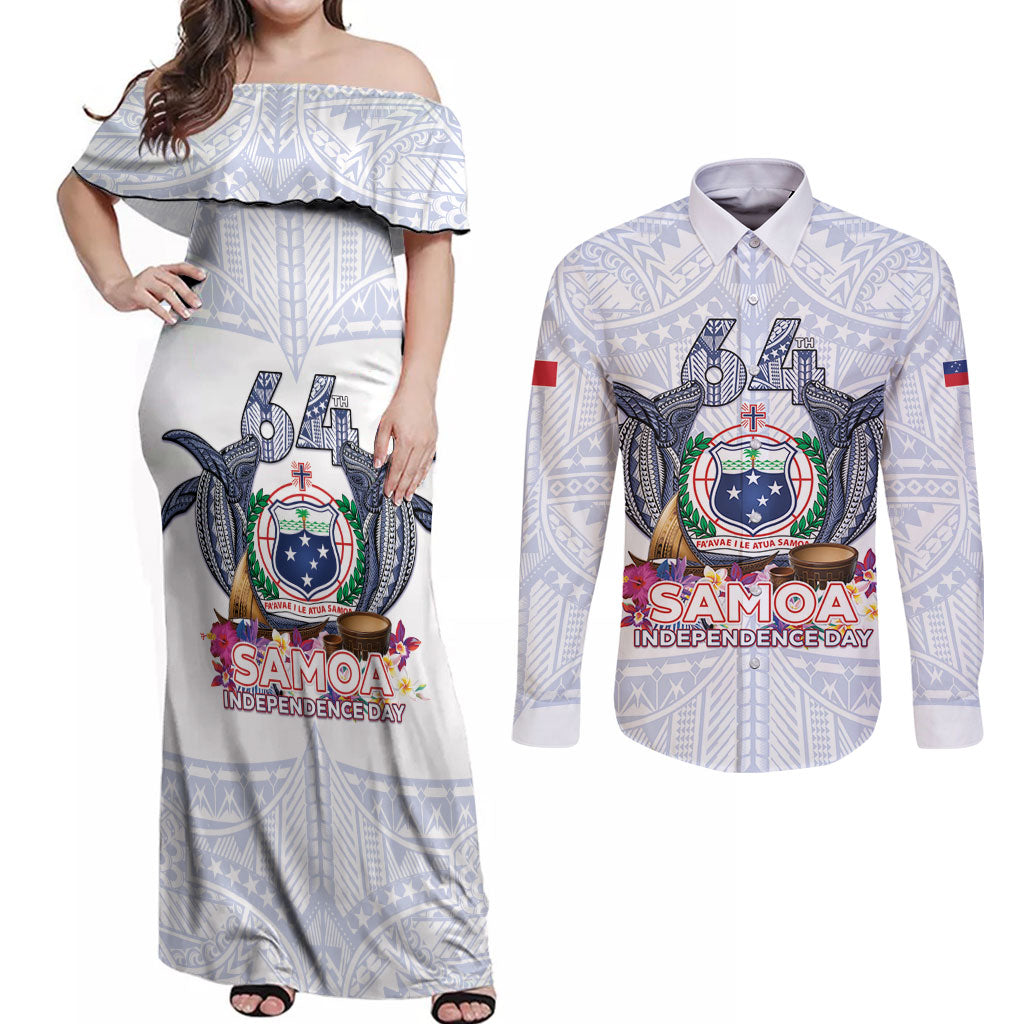 Samoa Independence Day Couples Matching Off Shoulder Maxi Dress and Long Sleeve Button Shirt Samoa United For A New Beginning LT05 White - Polynesian Pride