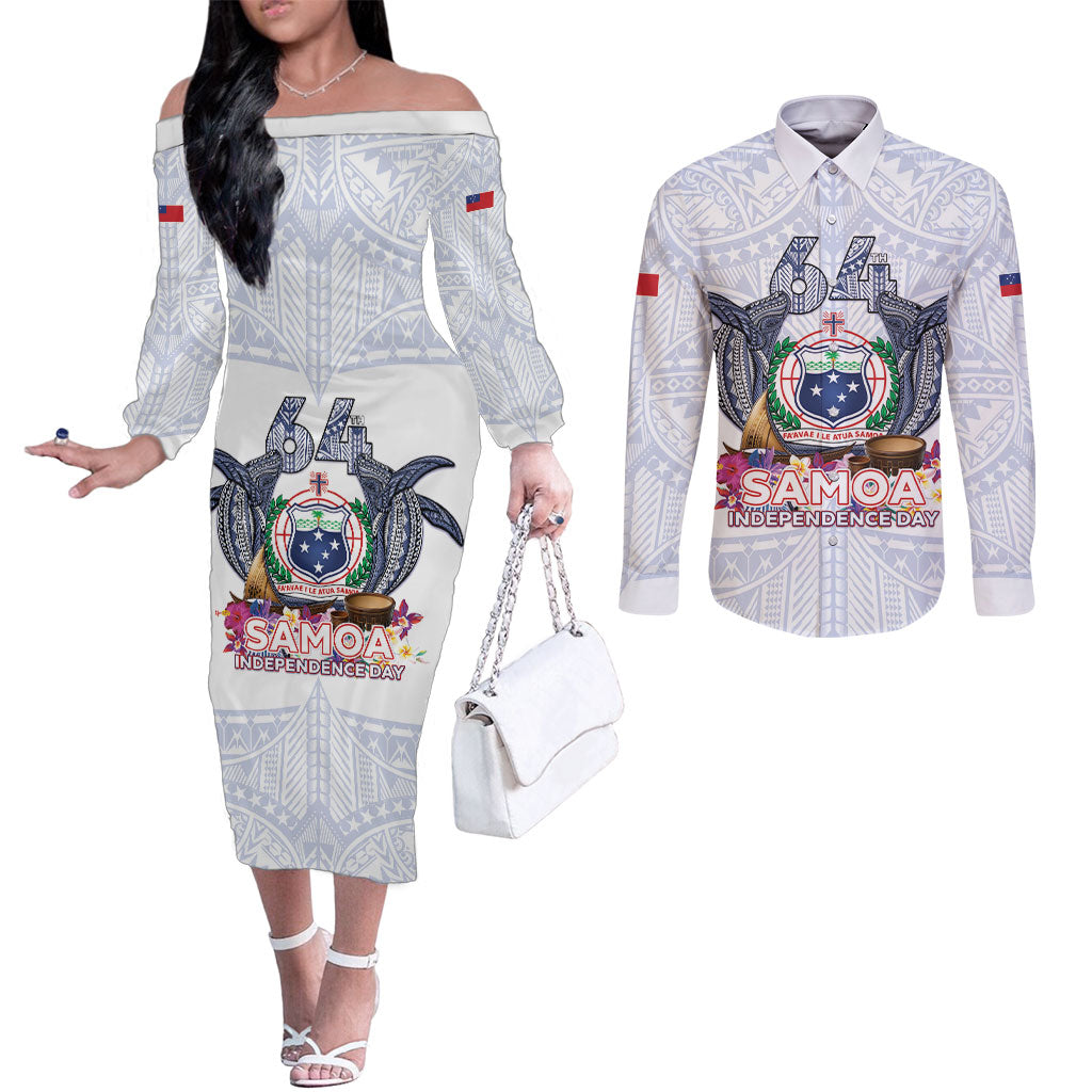 Samoa Independence Day Couples Matching Off The Shoulder Long Sleeve Dress and Long Sleeve Button Shirt Samoa United For A New Beginning LT05 White - Polynesian Pride
