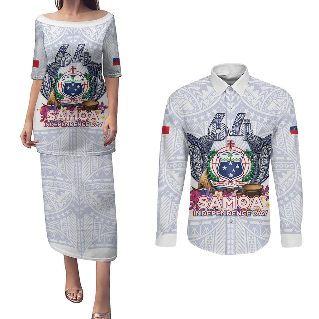 Samoa Independence Day Couples Matching Puletasi and Long Sleeve Button Shirt Samoa United For A New Beginning LT05 White - Polynesian Pride