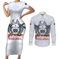 Samoa Independence Day Couples Matching Short Sleeve Bodycon Dress and Long Sleeve Button Shirt Samoa United For A New Beginning LT05 White - Polynesian Pride