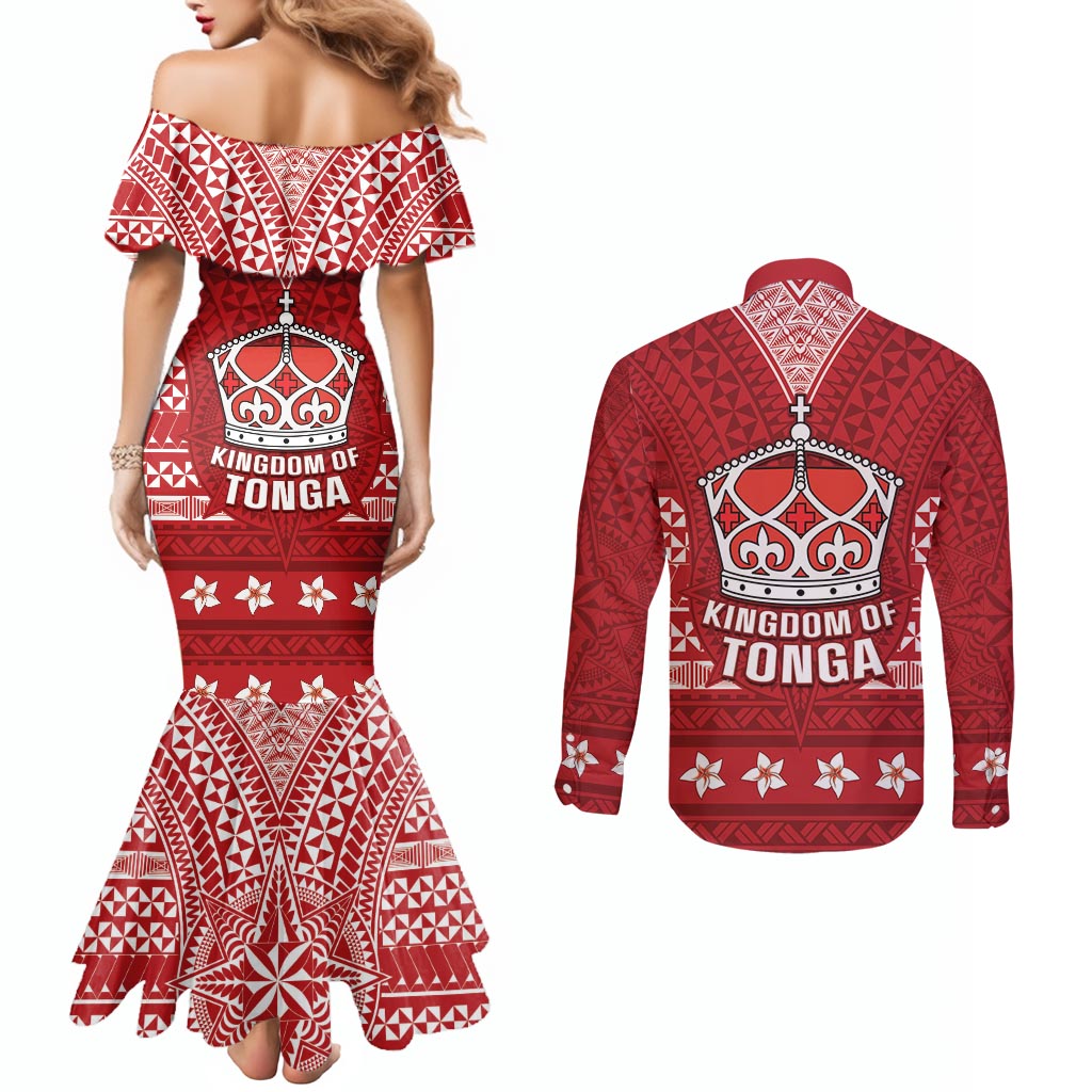 Tonga King Tupou VI Day Couples Matching Mermaid Dress and Long Sleeve Button Shirt Traditional Tongan Kupesi Pattern