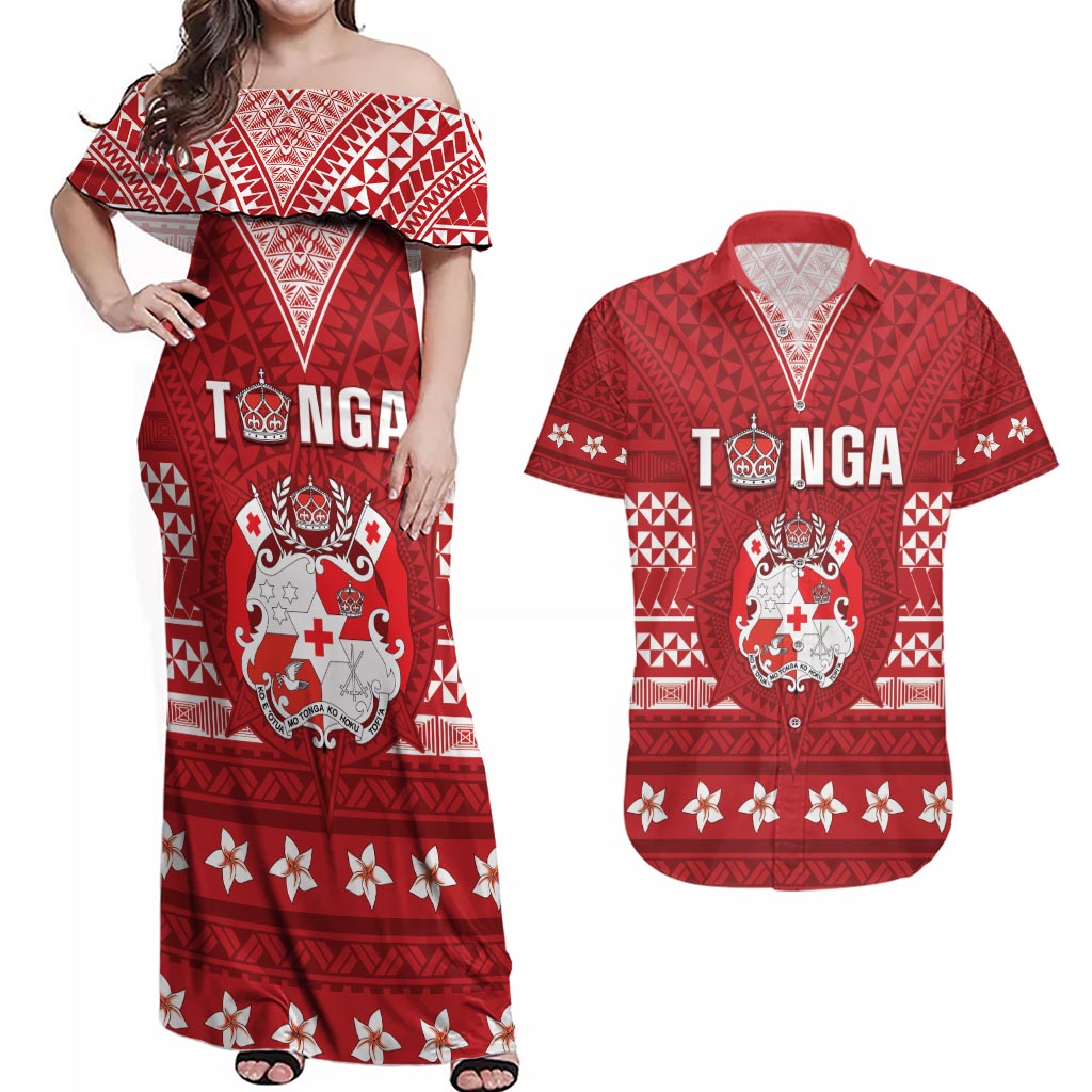 Tonga King Tupou VI Day Couples Matching Off Shoulder Maxi Dress and Hawaiian Shirt Traditional Tongan Kupesi Pattern