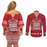 Tonga King Tupou VI Day Couples Matching Off Shoulder Short Dress and Long Sleeve Button Shirt Traditional Tongan Kupesi Pattern
