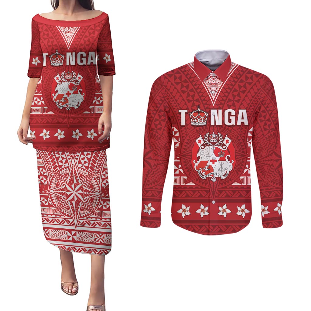 Tonga King Tupou VI Day Couples Matching Puletasi and Long Sleeve Button Shirt Traditional Tongan Kupesi Pattern