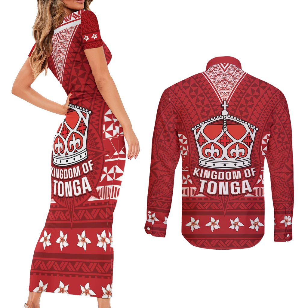Tonga King Tupou VI Day Couples Matching Short Sleeve Bodycon Dress and Long Sleeve Button Shirt Traditional Tongan Kupesi Pattern