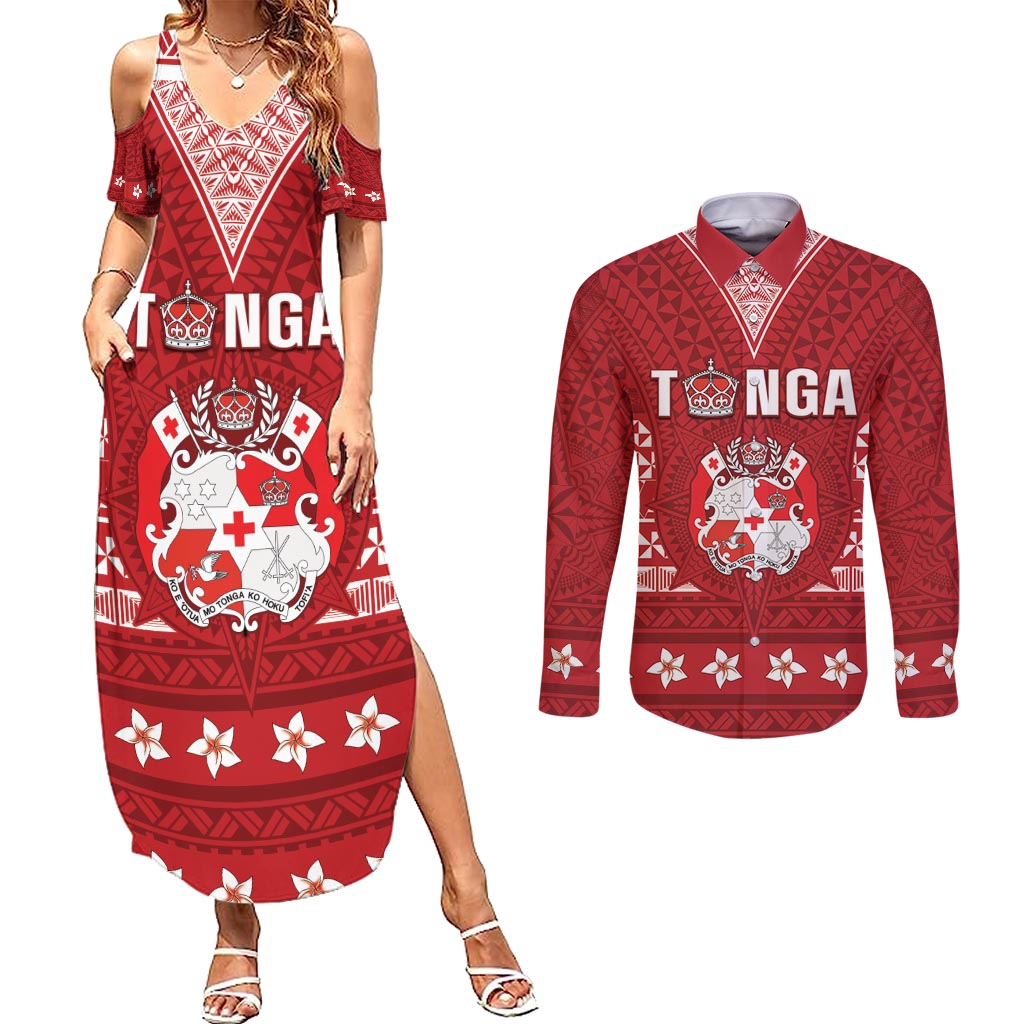 Tonga King Tupou VI Day Couples Matching Summer Maxi Dress and Long Sleeve Button Shirt Traditional Tongan Kupesi Pattern