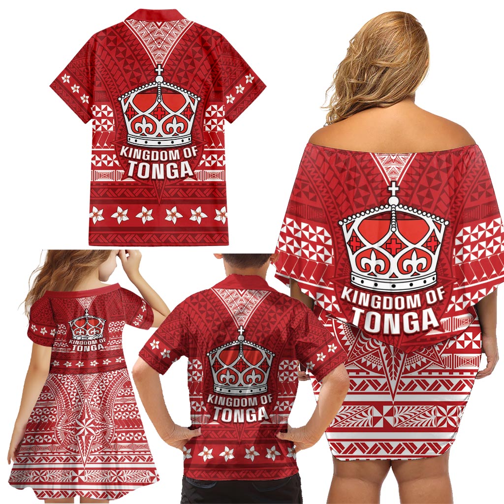 Tonga King Tupou VI Day Family Matching Off Shoulder Short Dress and Hawaiian Shirt Traditional Tongan Kupesi Pattern