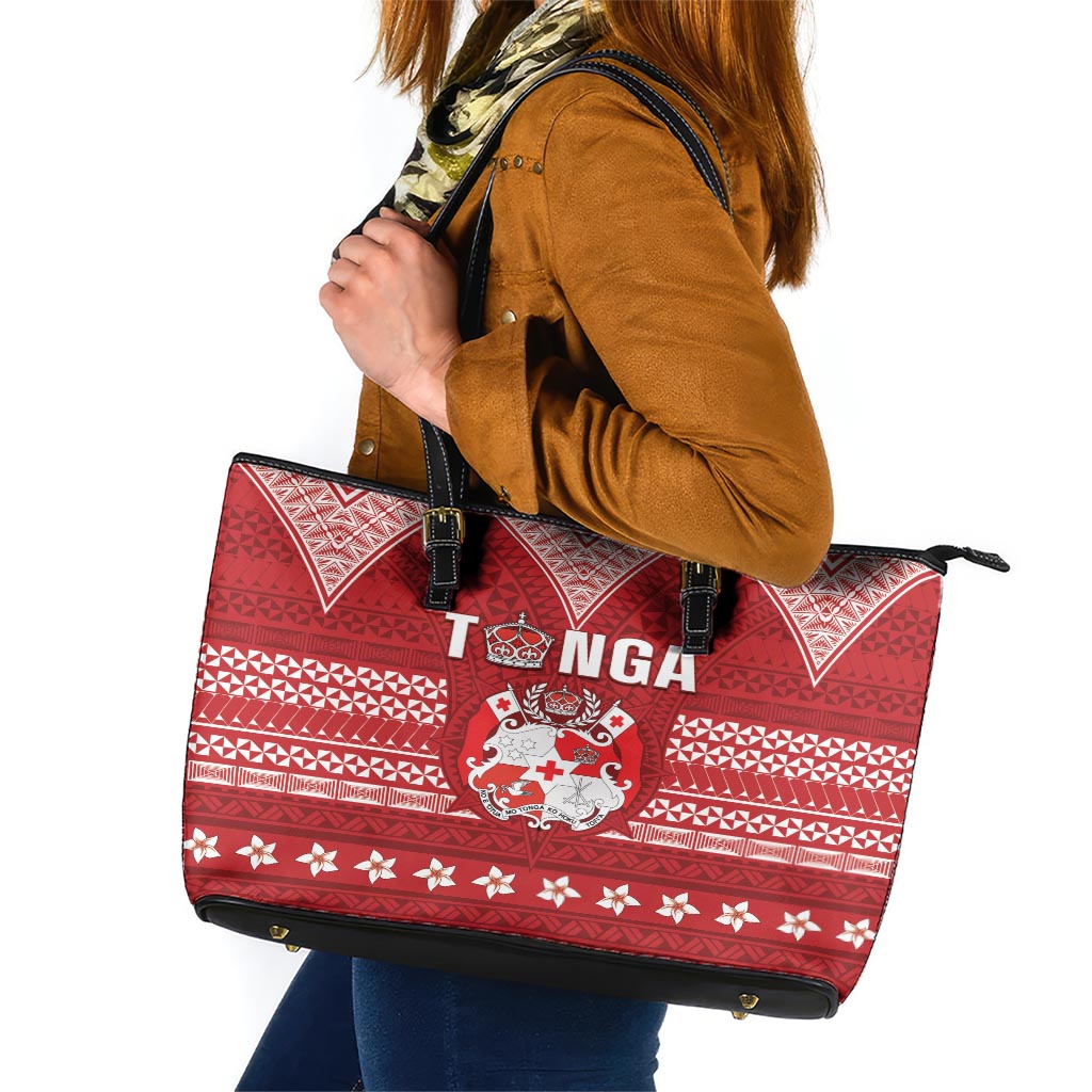 Tonga King Tupou VI Day Leather Tote Bag Traditional Tongan Kupesi Pattern LT05 Red - Polynesian Pride