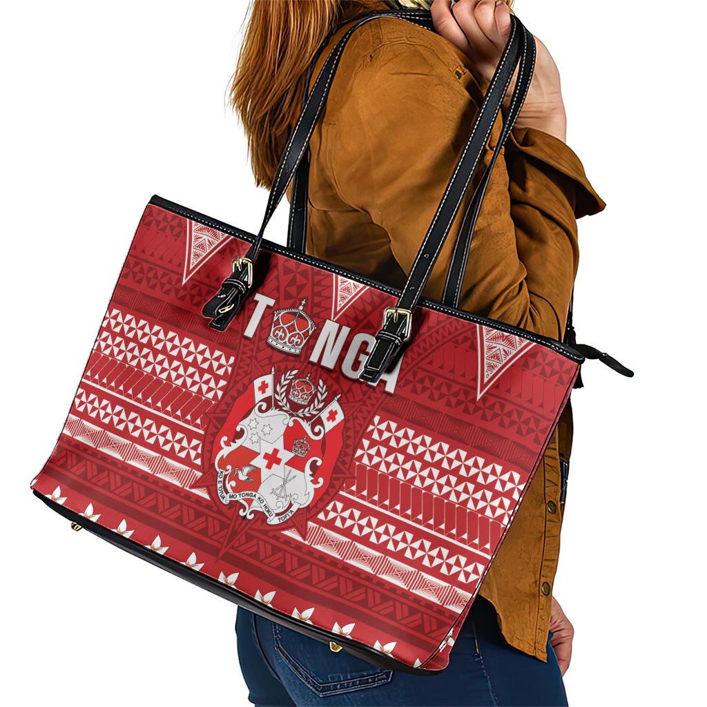 Tonga King Tupou VI Day Leather Tote Bag Traditional Tongan Kupesi Pattern LT05 - Polynesian Pride
