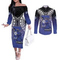 Custom Fiji Drua Couples Matching Off The Shoulder Long Sleeve Dress and Long Sleeve Button Shirt Fijian Tapa Pattern