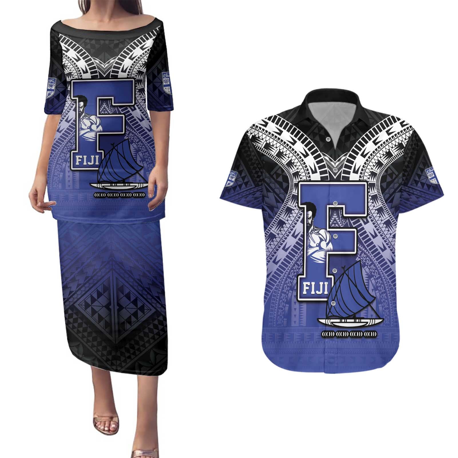 Custom Fiji Drua Couples Matching Puletasi and Hawaiian Shirt Fijian Tapa Pattern