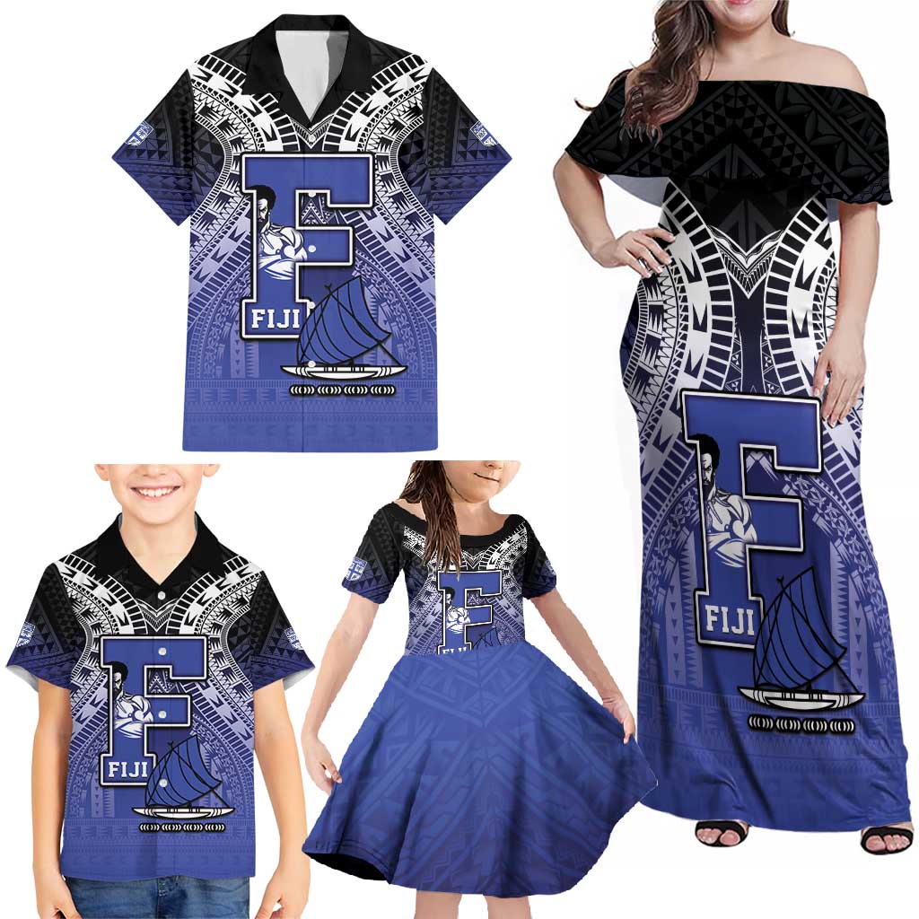 Custom Fiji Drua Family Matching Off Shoulder Maxi Dress and Hawaiian Shirt Fijian Tapa Pattern