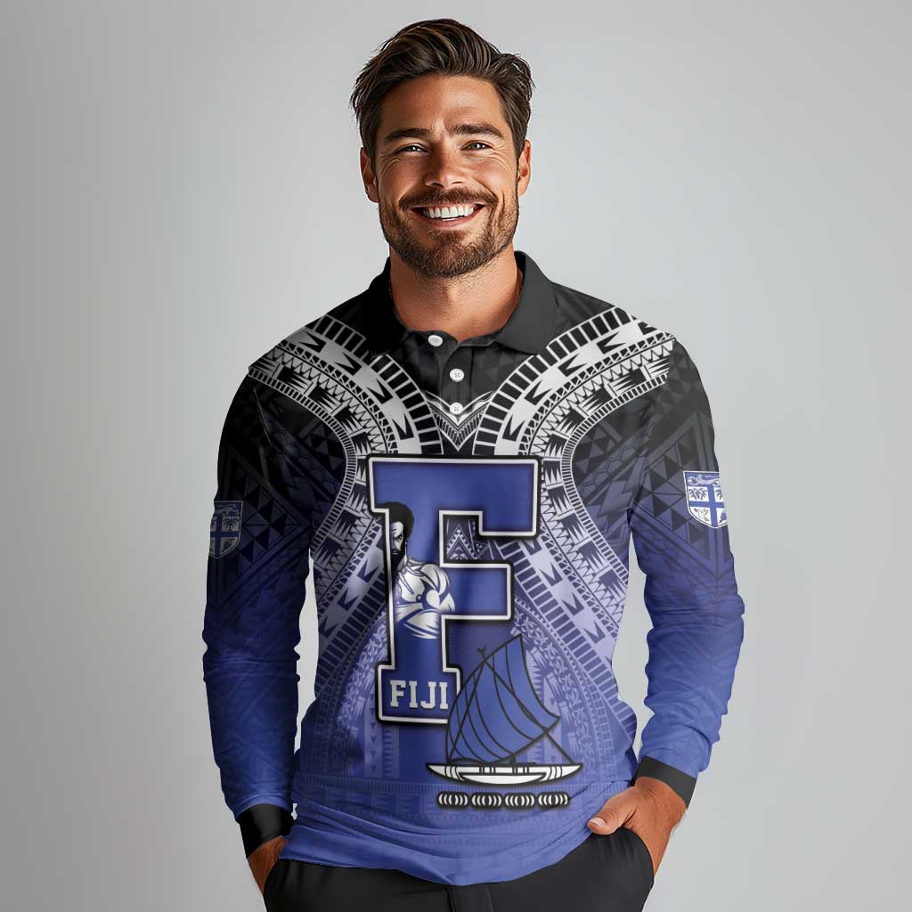 Custom Fiji Drua Long Sleeve Polo Shirt Fijian Tapa Pattern