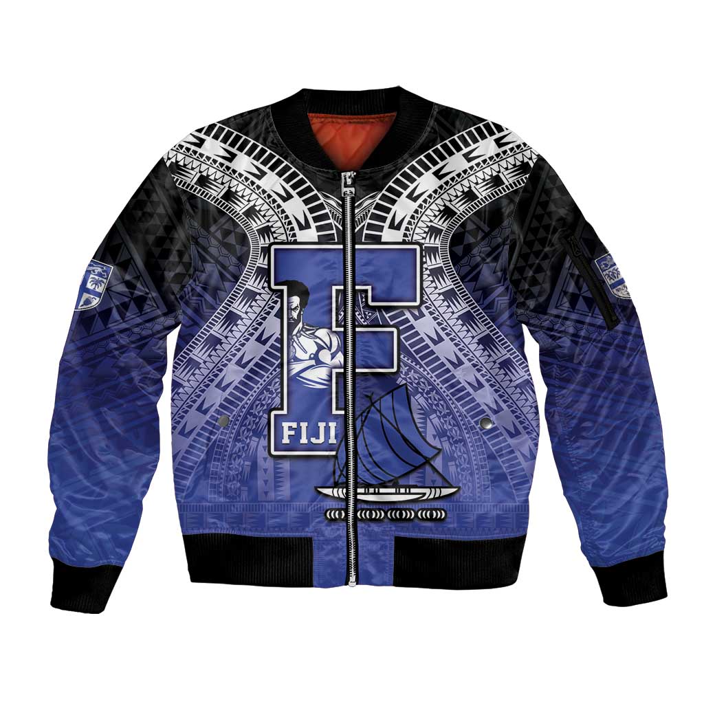 Custom Fiji Drua Sleeve Zip Bomber Jacket Fijian Tapa Pattern