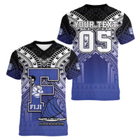 Custom Fiji Drua Women V-Neck T-Shirt Fijian Tapa Pattern