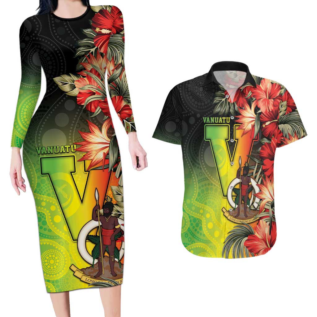 Aboriginal Dot Art Vanuatu Personalised Couples Matching Long Sleeve Bodycon Dress and Hawaiian Shirt Tropical Flowers