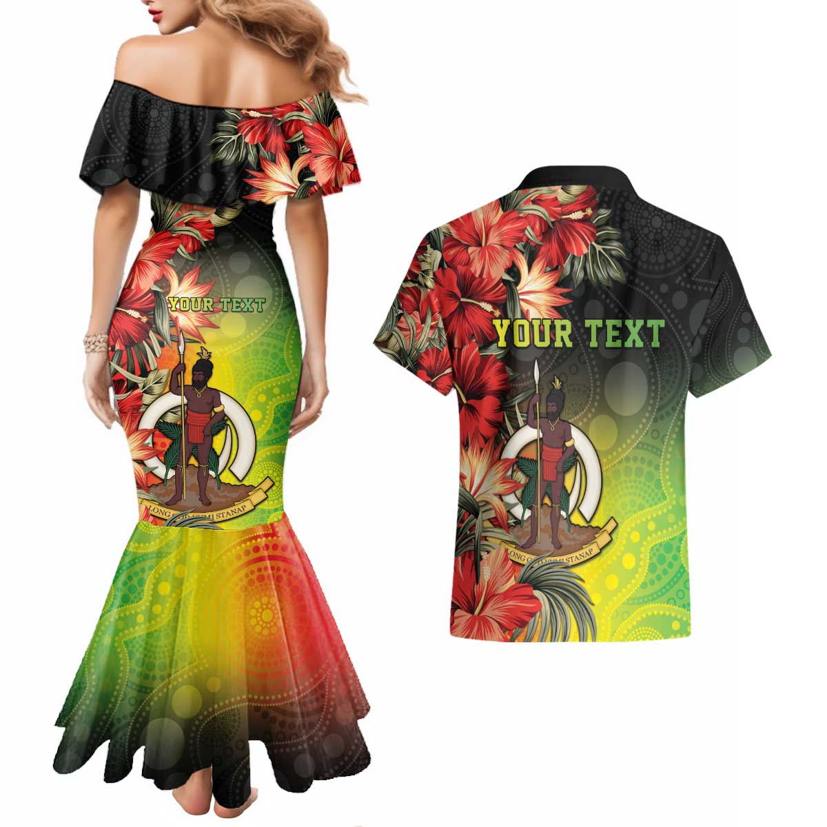 Aboriginal Dot Art Vanuatu Personalised Couples Matching Mermaid Dress and Hawaiian Shirt Tropical Flowers