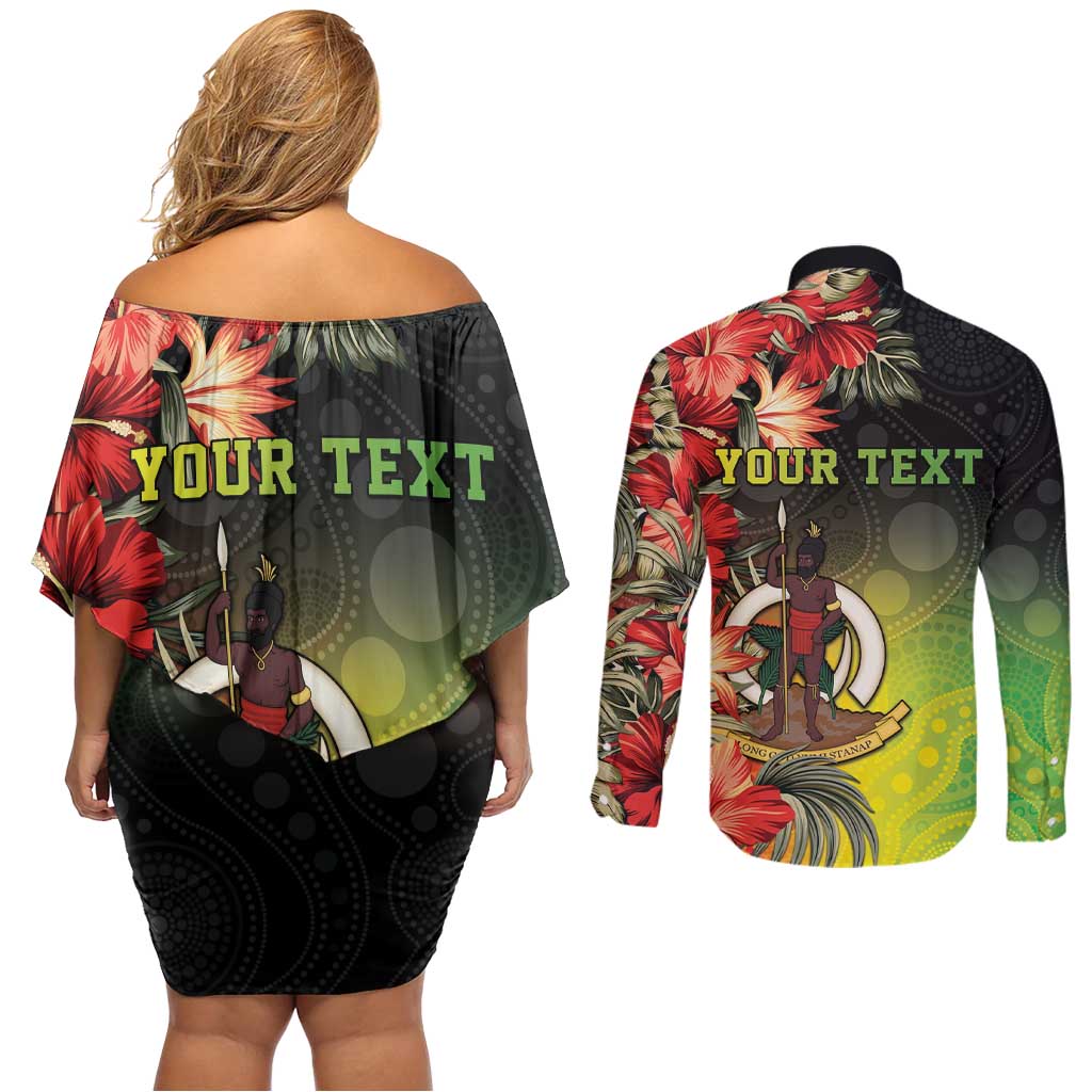 Aboriginal Dot Art Vanuatu Personalised Couples Matching Off Shoulder Short Dress and Long Sleeve Button Shirt Tropical Flowers