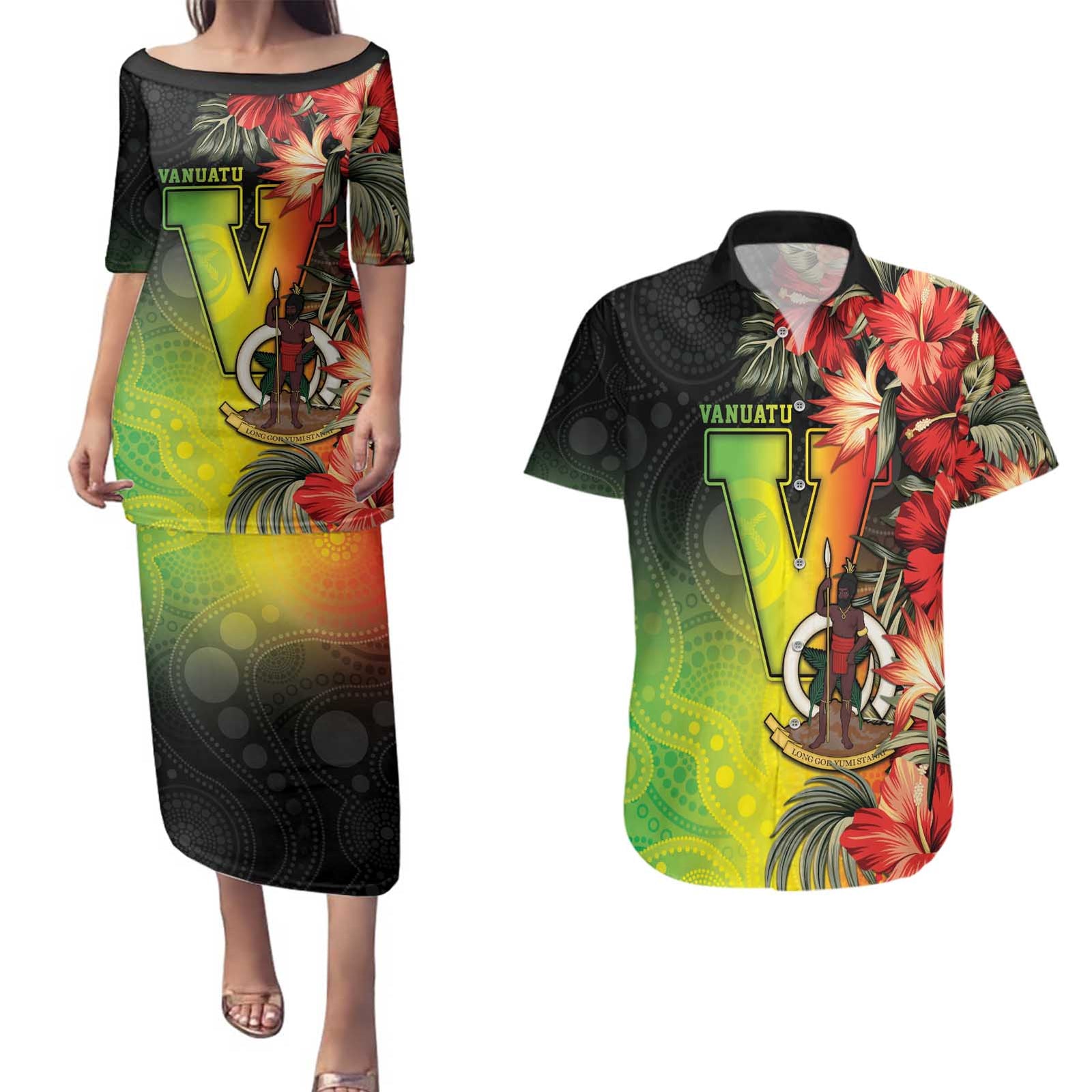 Aboriginal Dot Art Vanuatu Personalised Couples Matching Puletasi and Hawaiian Shirt Tropical Flowers