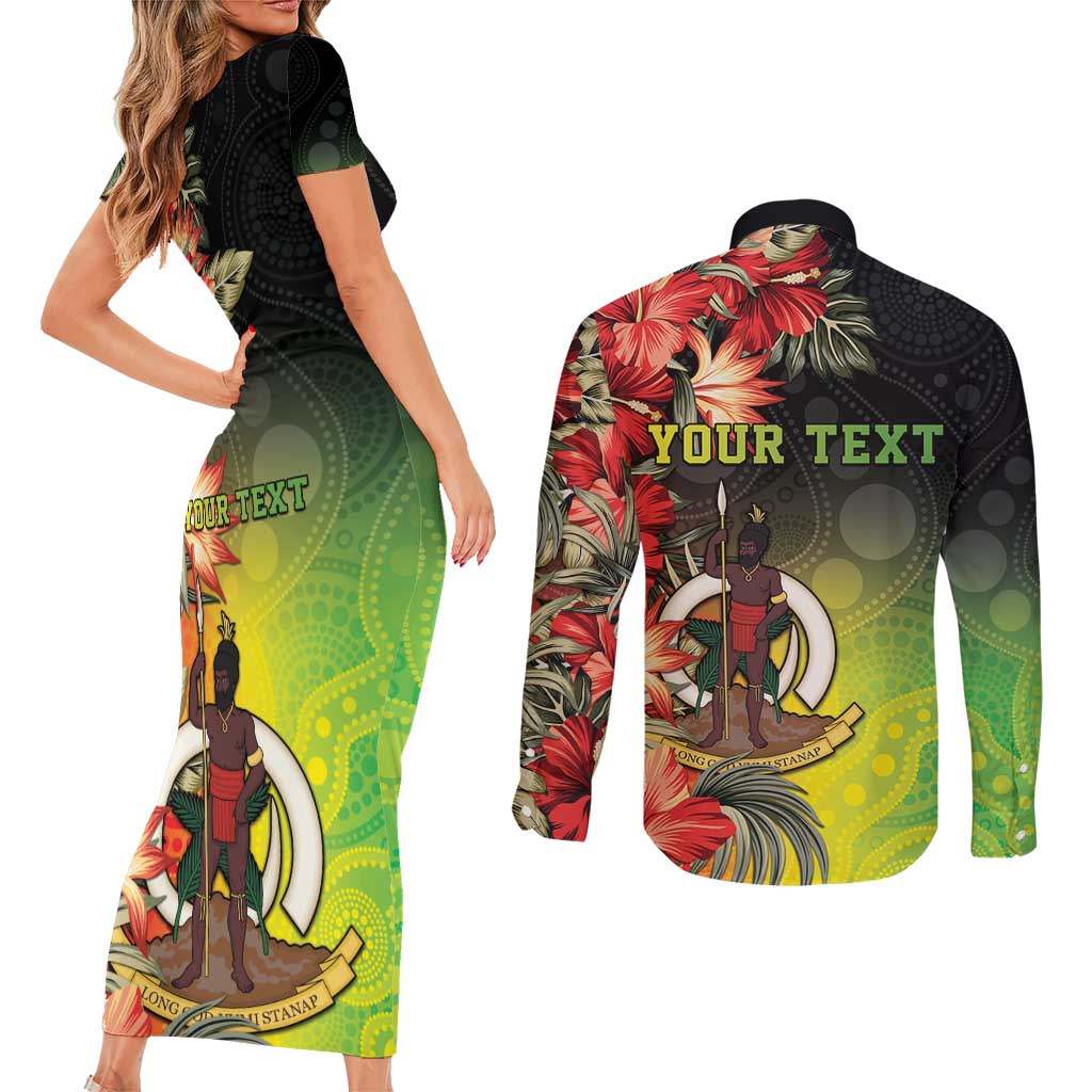 Aboriginal Dot Art Vanuatu Personalised Couples Matching Short Sleeve Bodycon Dress and Long Sleeve Button Shirt Tropical Flowers