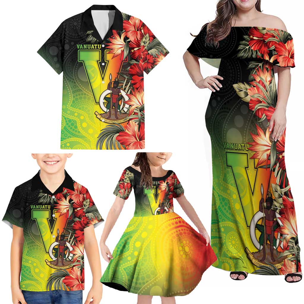 Aboriginal Dot Art Vanuatu Personalised Family Matching Off Shoulder Maxi Dress and Hawaiian Shirt Tropical Flowers