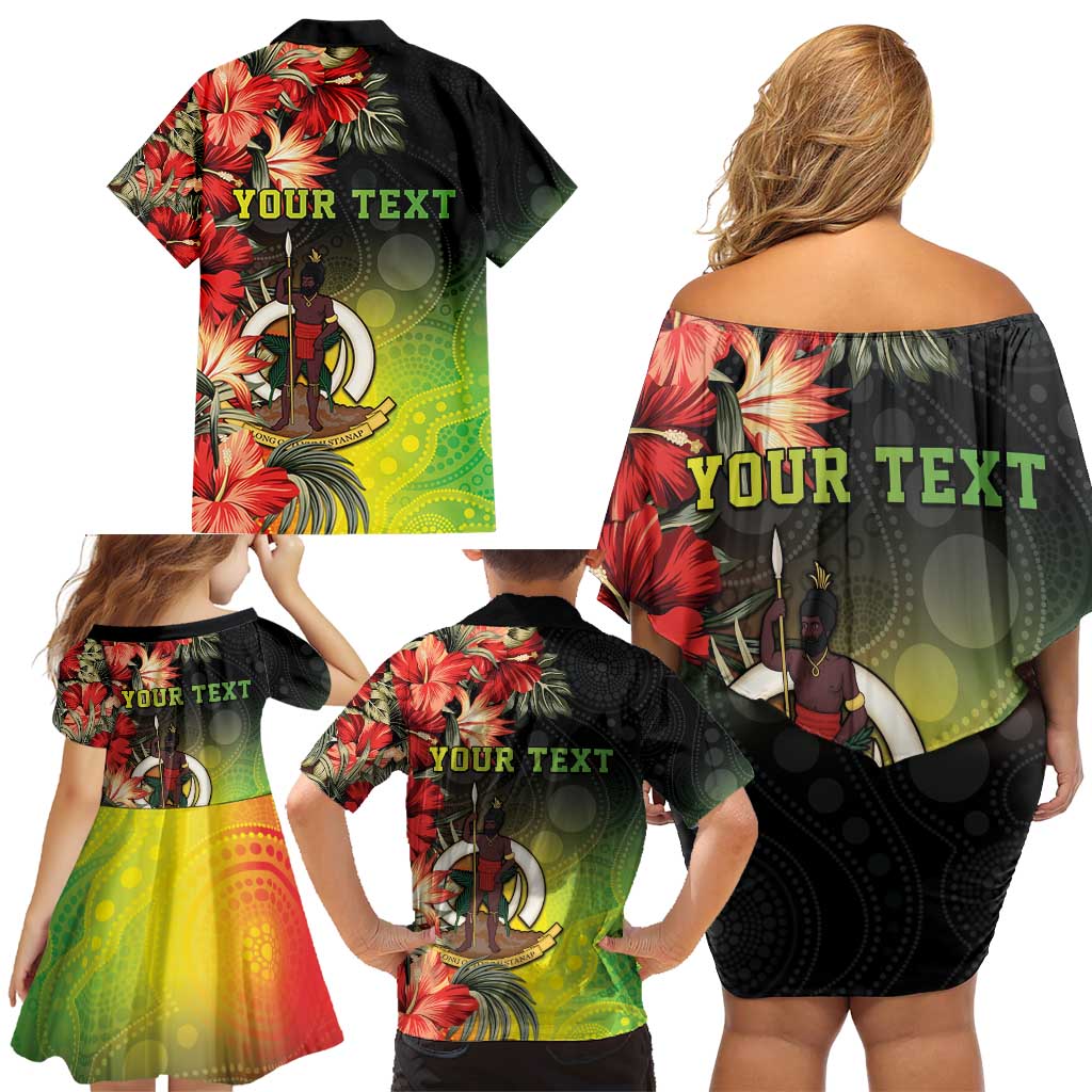 Aboriginal Dot Art Vanuatu Personalised Family Matching Off Shoulder Short Dress and Hawaiian Shirt Tropical Flowers