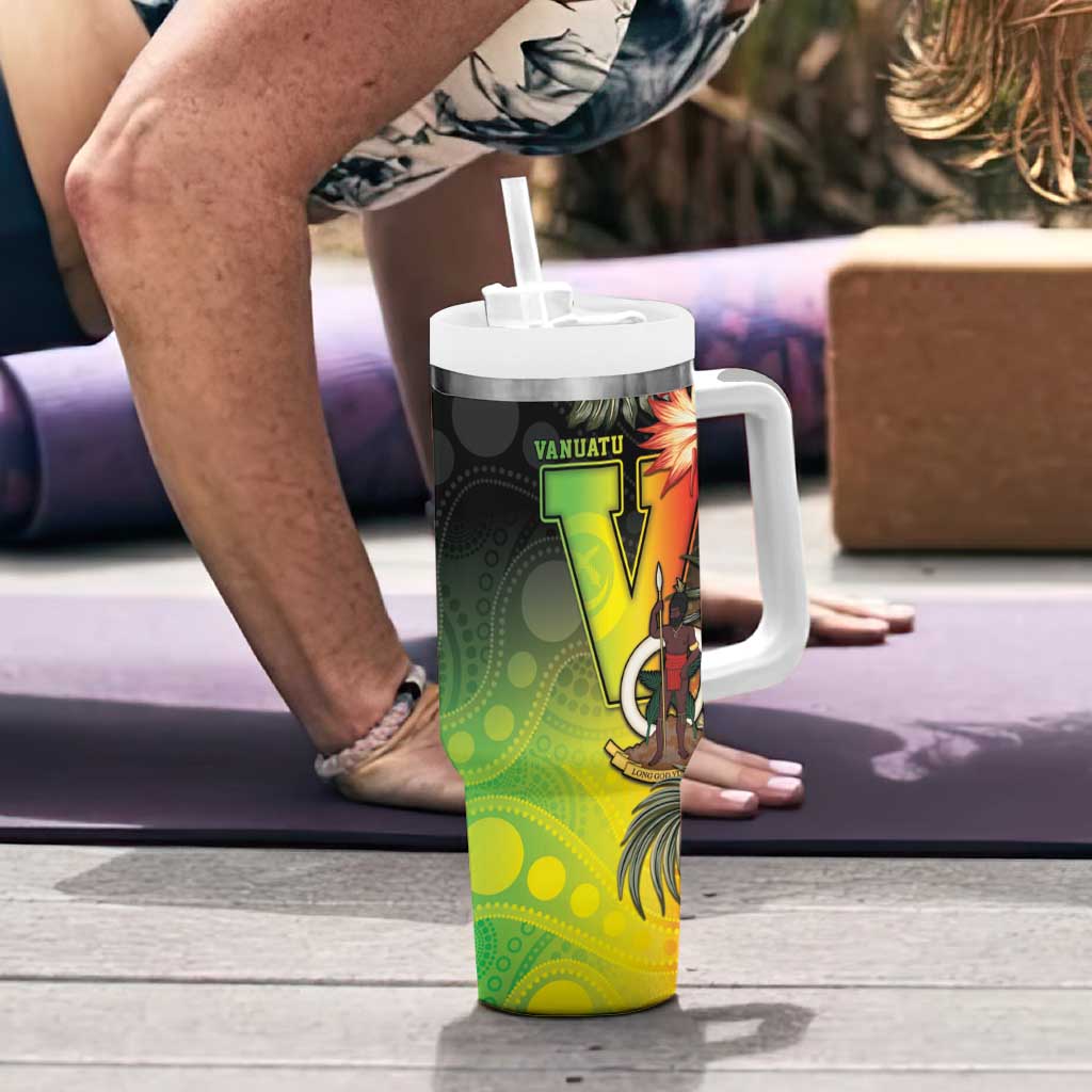 Aboriginal Dot Art Vanuatu Personalised Tumbler With Handle Tropical Flowers