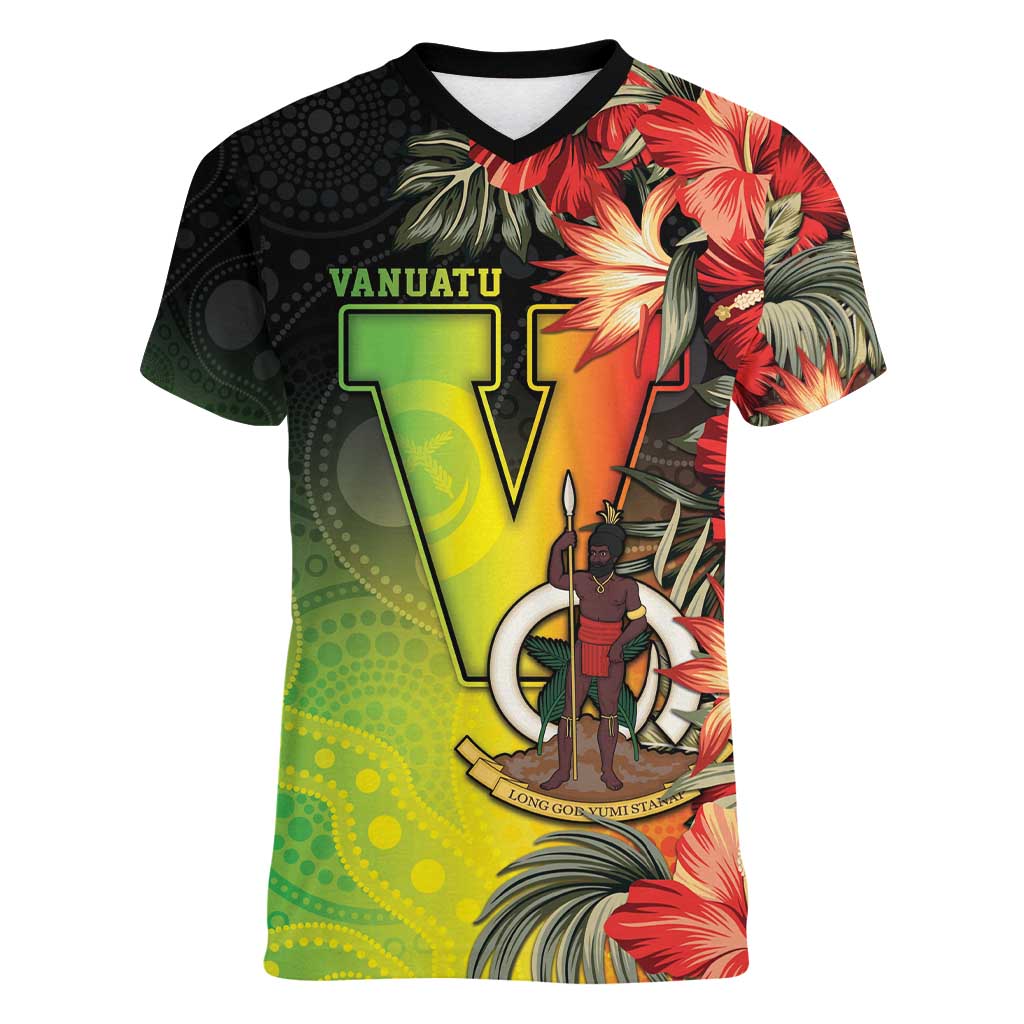 Aboriginal Dot Art Vanuatu Personalised Women V-Neck T-Shirt Tropical Flowers