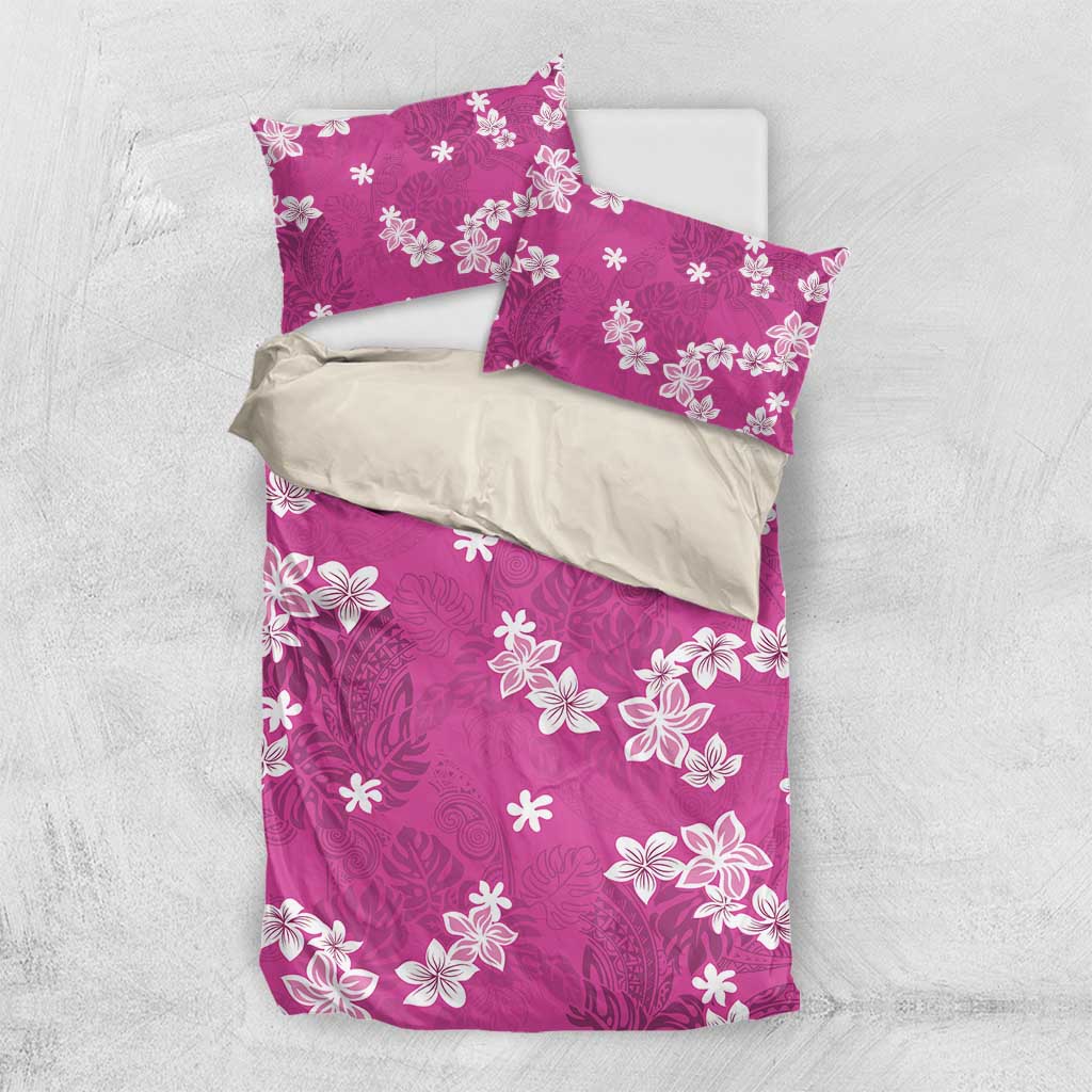 Hawaii Monstera Deliciosa Bedding Set Pink Plumeria Polynesian Pattern - Polynesian Pride