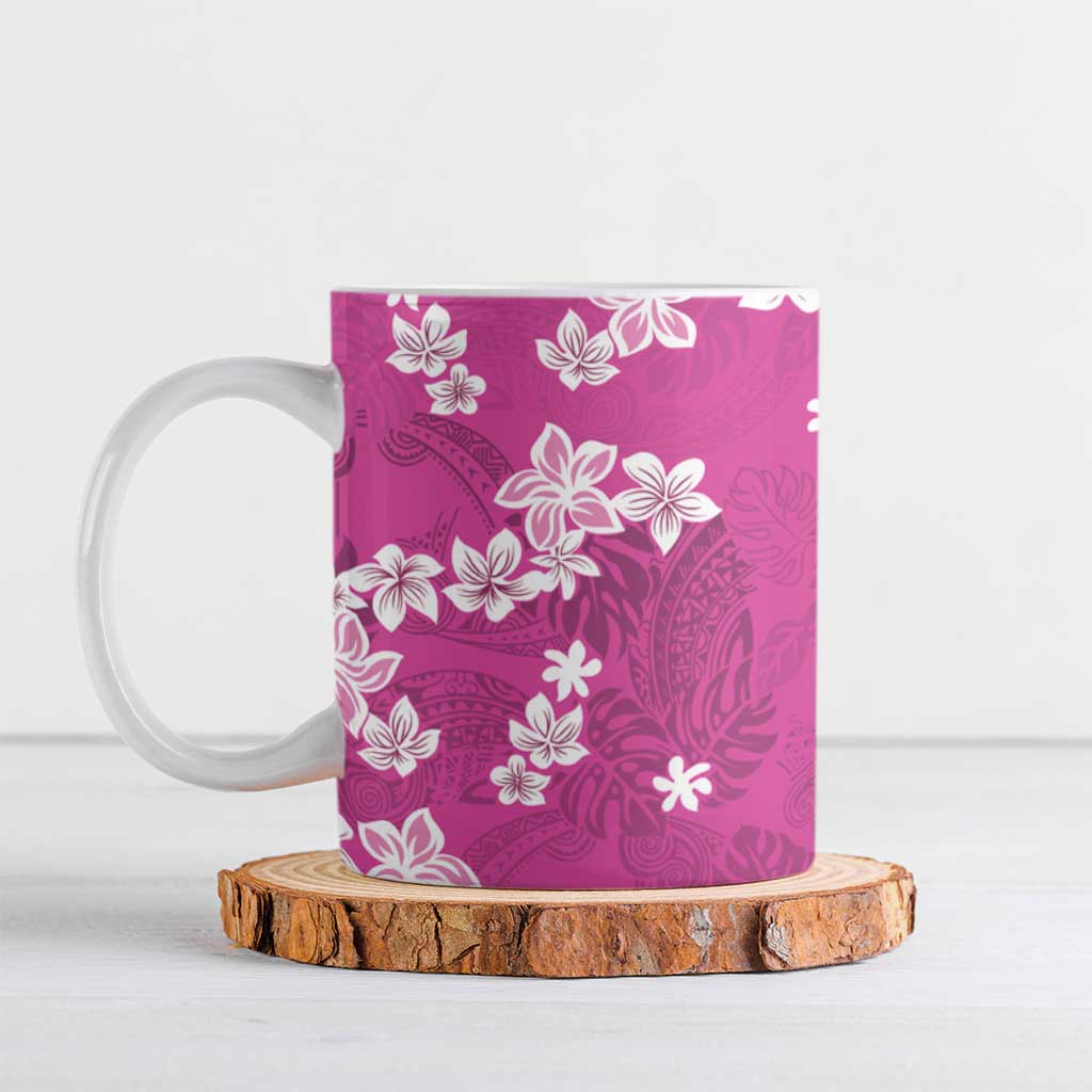 Hawaii Monstera Deliciosa Ceramic Mug Pink Plumeria Polynesian Pattern - Polynesian Pride