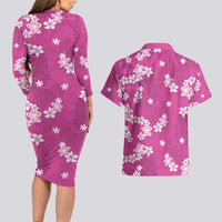 Hawaii Monstera Deliciosa Couples Matching Long Sleeve Bodycon Dress and Hawaiian Shirt Pink Plumeria Polynesian Pattern - Polynesian Pride