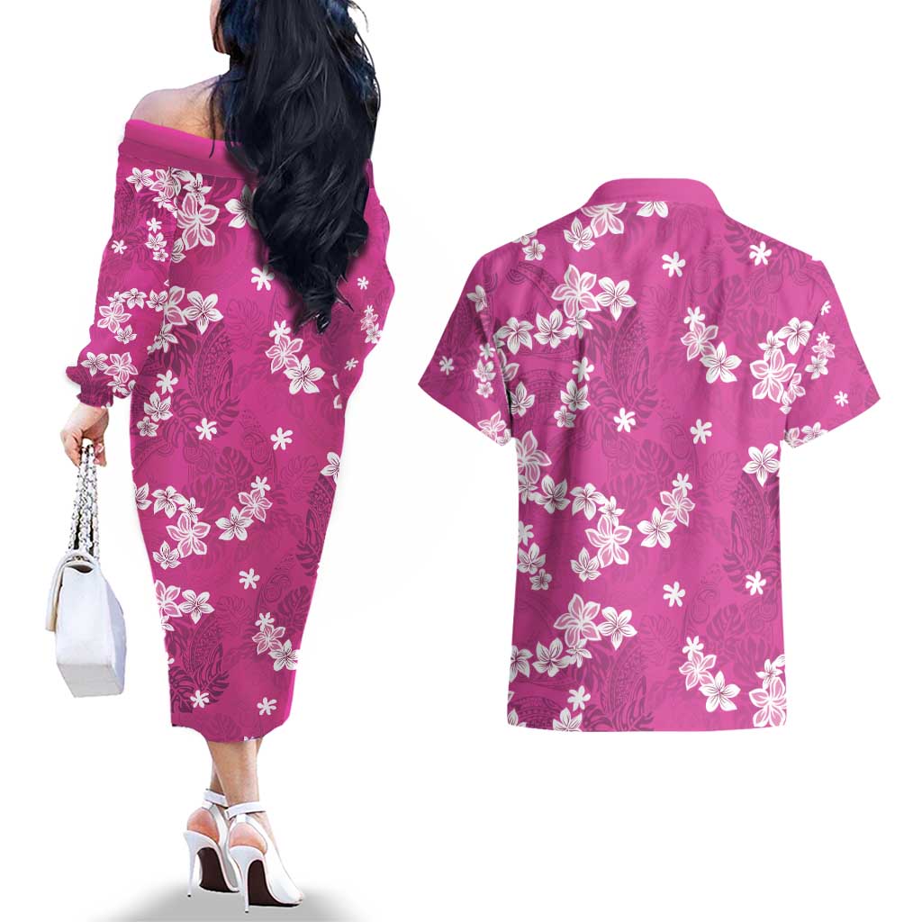 Hawaii Monstera Deliciosa Couples Matching Off The Shoulder Long Sleeve Dress and Hawaiian Shirt Pink Plumeria Polynesian Pattern - Polynesian Pride