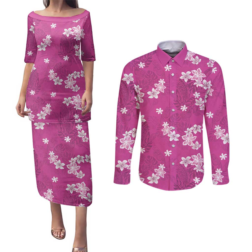 Hawaii Monstera Deliciosa Couples Matching Puletasi and Long Sleeve Button Shirt Pink Plumeria Polynesian Pattern LT05 Pink - Polynesian Pride