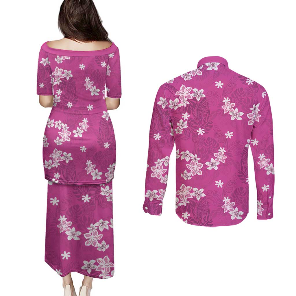 Hawaii Monstera Deliciosa Couples Matching Puletasi and Long Sleeve Button Shirt Pink Plumeria Polynesian Pattern LT05 - Polynesian Pride
