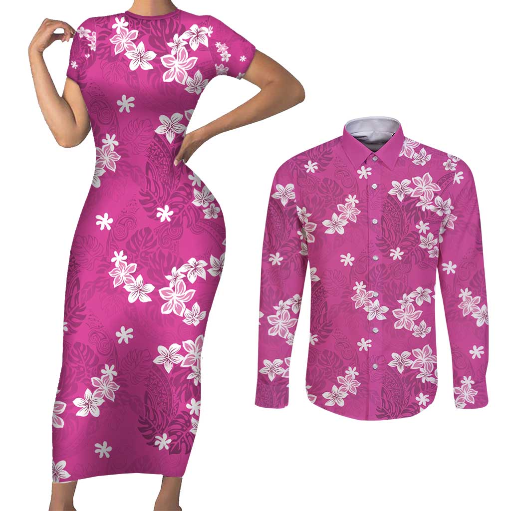 Hawaii Monstera Deliciosa Couples Matching Short Sleeve Bodycon Dress and Long Sleeve Button Shirt Pink Plumeria Polynesian Pattern - Polynesian Pride