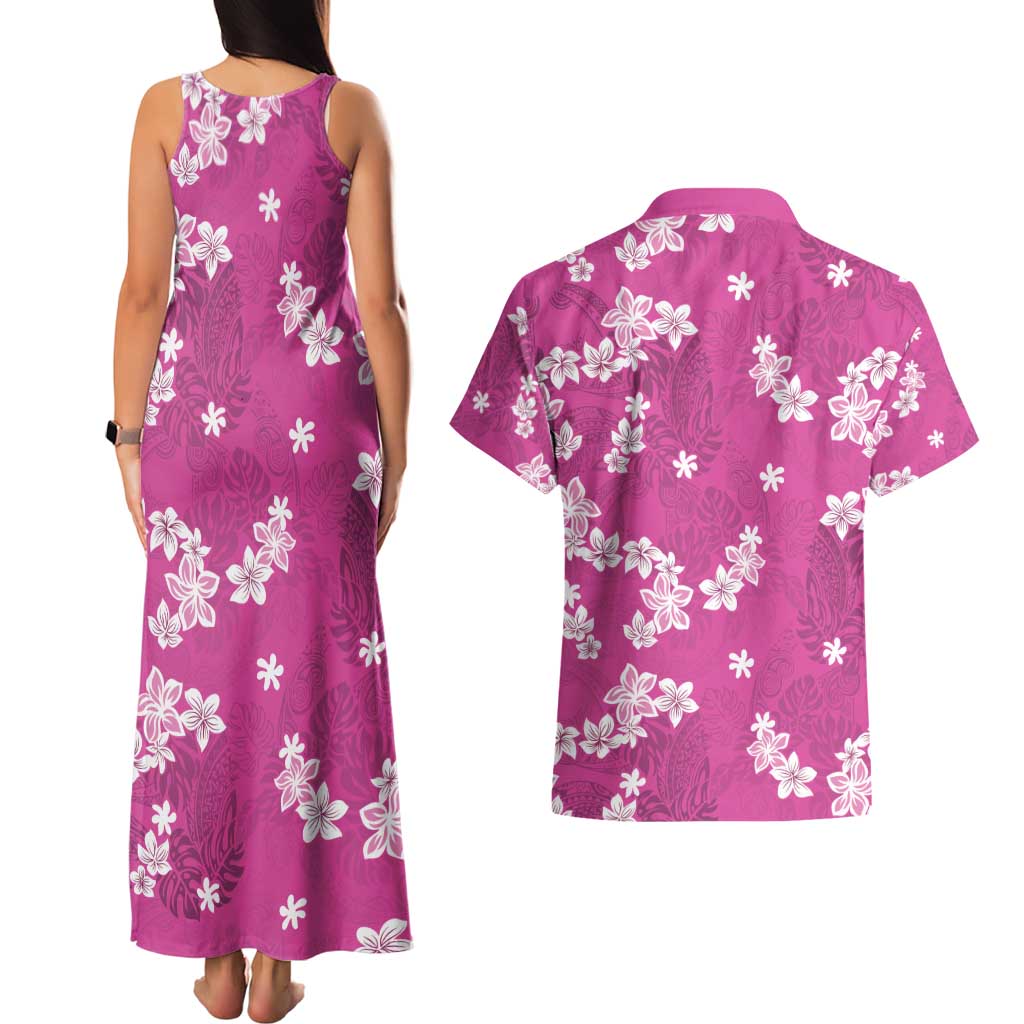 Hawaii Monstera Deliciosa Couples Matching Tank Maxi Dress and Hawaiian Shirt Pink Plumeria Polynesian Pattern - Polynesian Pride