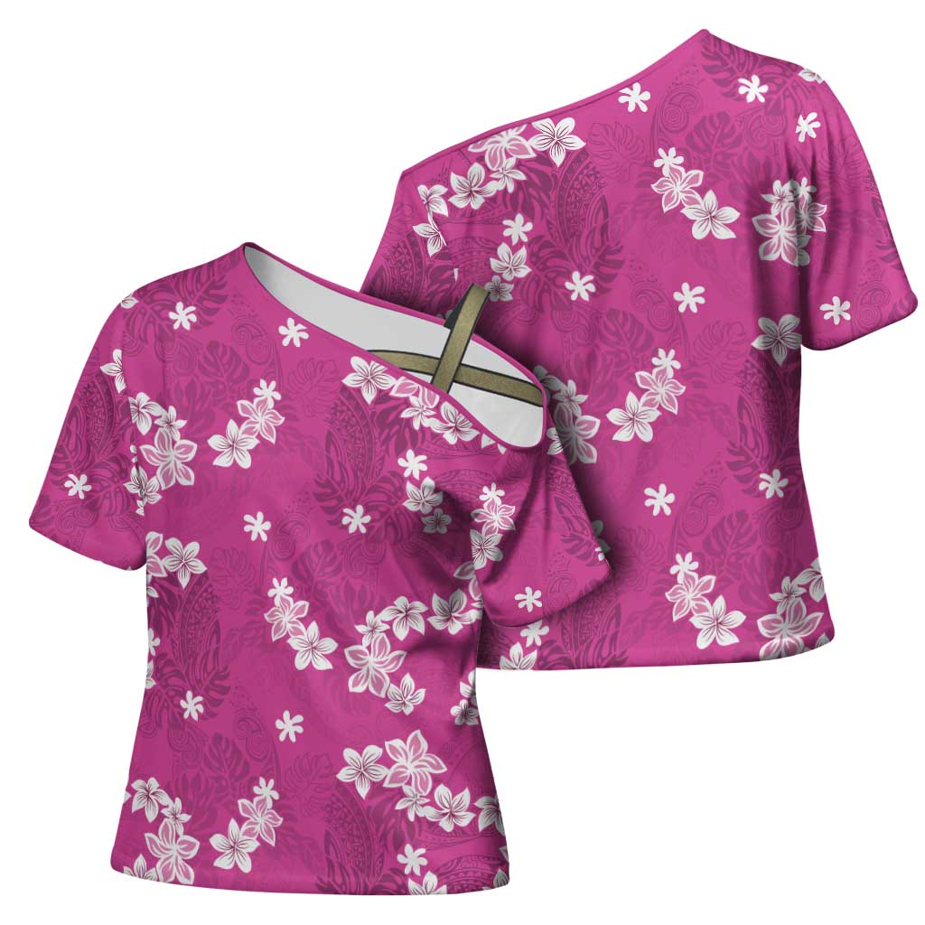 Hawaii Monstera Deliciosa Cross Shoulder Shirt Pink Plumeria Polynesian Pattern LT05 - Polynesian Pride
