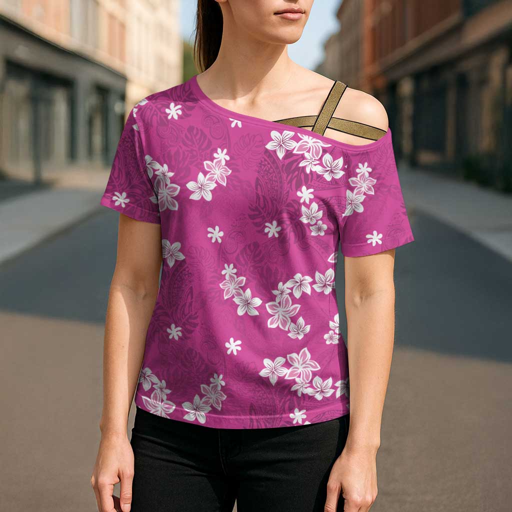 Hawaii Monstera Deliciosa Cross Shoulder Shirt Pink Plumeria Polynesian Pattern LT05 - Polynesian Pride