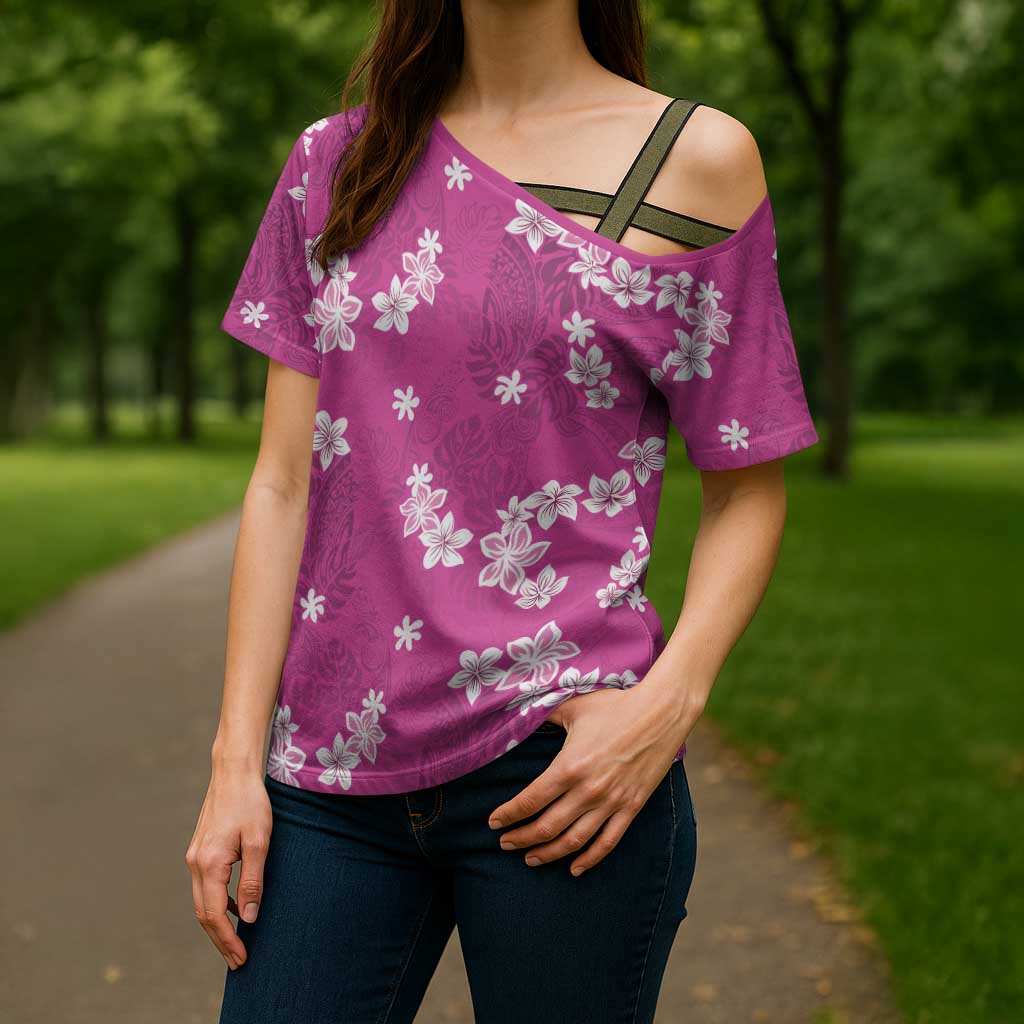 Hawaii Monstera Deliciosa Cross Shoulder Shirt Pink Plumeria Polynesian Pattern LT05 - Polynesian Pride