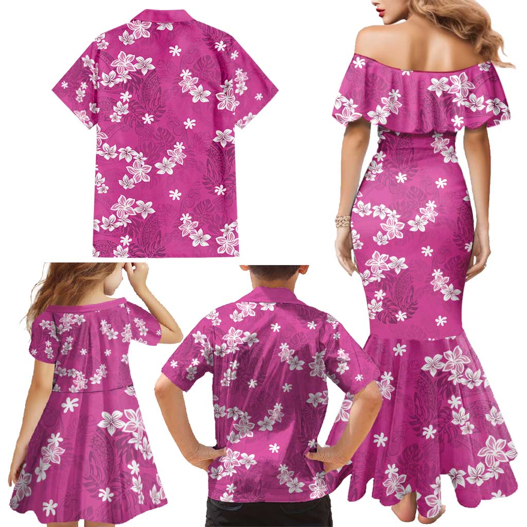 Hawaii Monstera Deliciosa Family Matching Mermaid Dress and Hawaiian Shirt Pink Plumeria Polynesian Pattern - Polynesian Pride