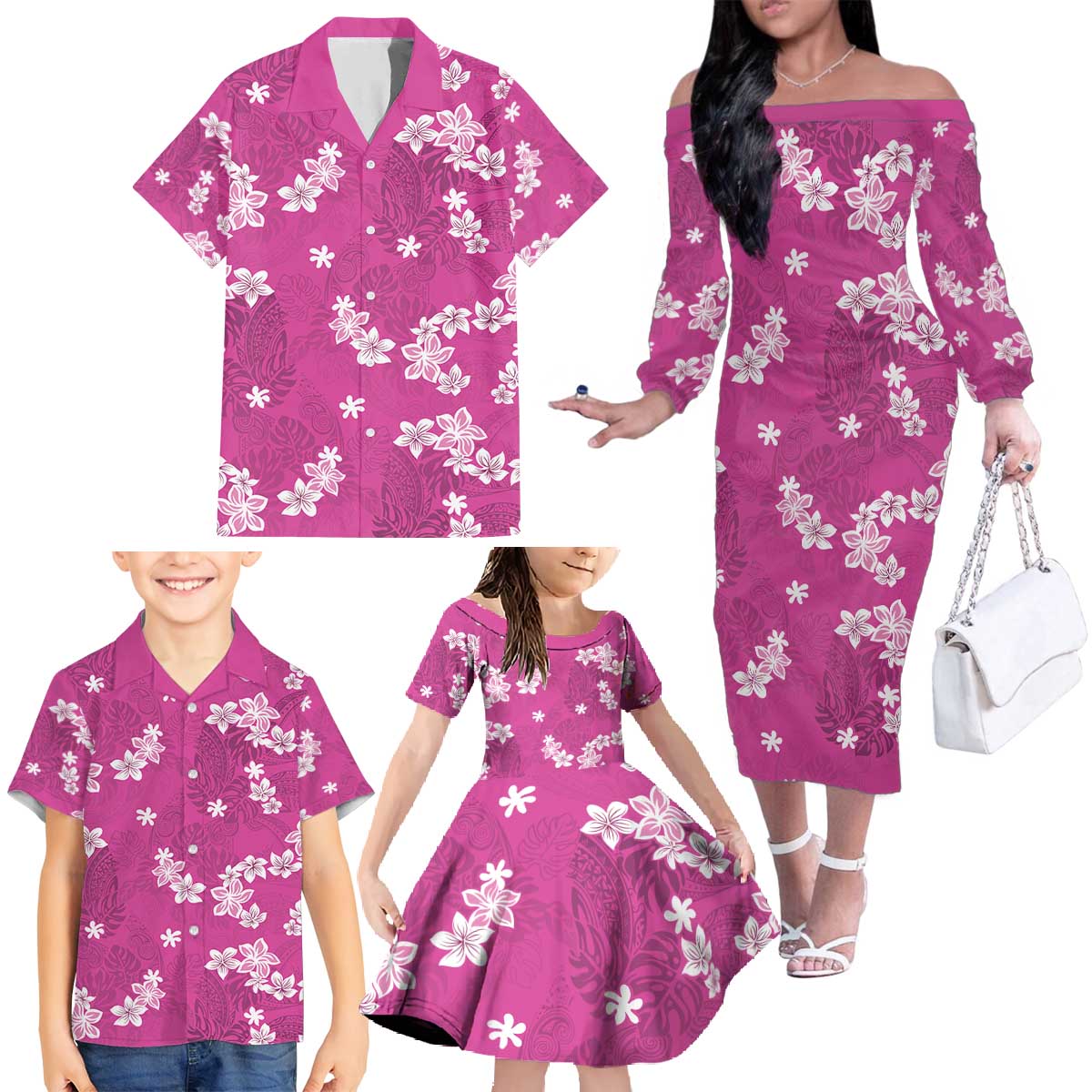 Hawaii Monstera Deliciosa Family Matching Off The Shoulder Long Sleeve Dress and Hawaiian Shirt Pink Plumeria Polynesian Pattern - Polynesian Pride