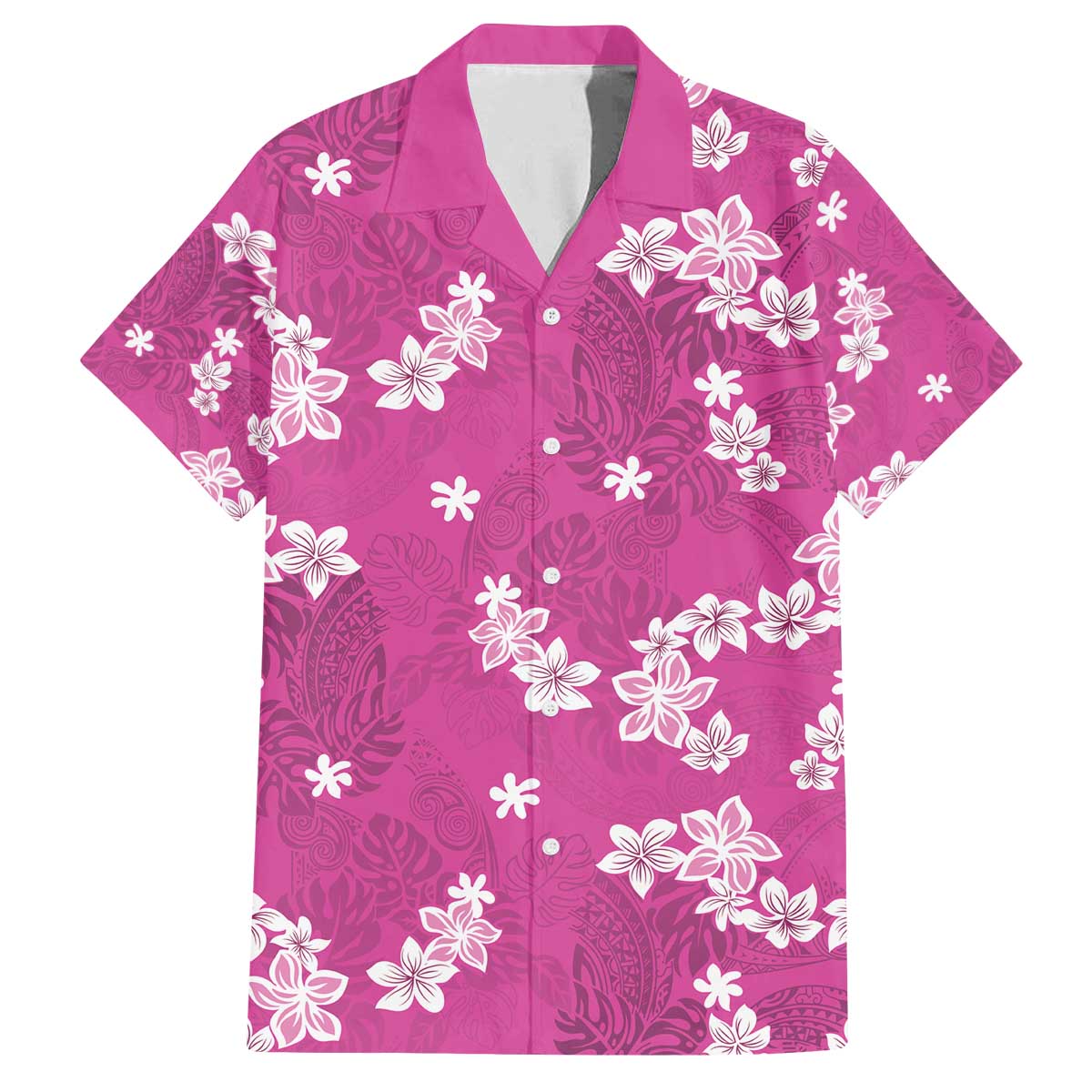 Hawaii Monstera Deliciosa Family Matching Off The Shoulder Long Sleeve Dress and Hawaiian Shirt Pink Plumeria Polynesian Pattern - Polynesian Pride