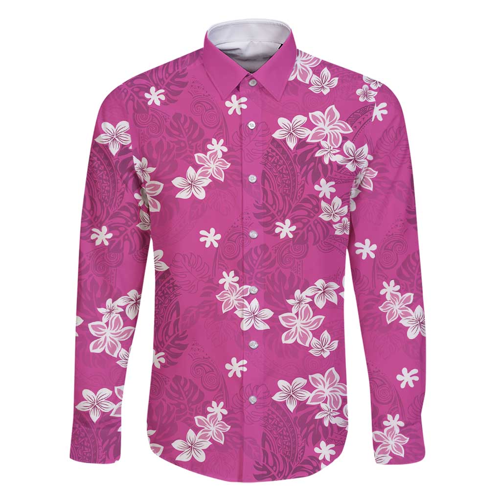 Hawaii Monstera Deliciosa Family Matching Off Shoulder Maxi Dress and Hawaiian Shirt Pink Plumeria Polynesian Pattern - Polynesian Pride