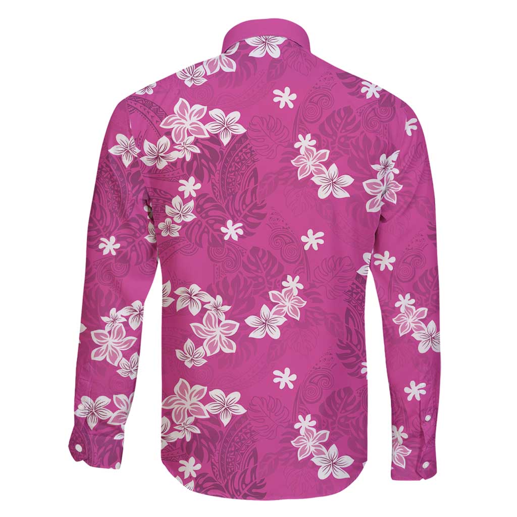 Hawaii Monstera Deliciosa Family Matching Off Shoulder Maxi Dress and Hawaiian Shirt Pink Plumeria Polynesian Pattern - Polynesian Pride